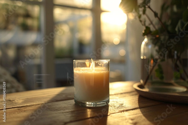 Fototapeta Burning candle in glass jar on white wooden table indoors, space for text