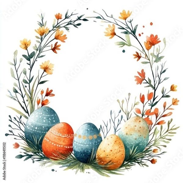 Fototapeta Colorful Watercolor Eggs Surrounded by Floral Elements for Celebrating Easter and Chinese New Year in a Minimalist Style with a Gentle Touch