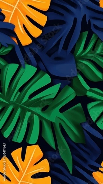Fototapeta Tropical leaf design with textured green and blue colors on dark background