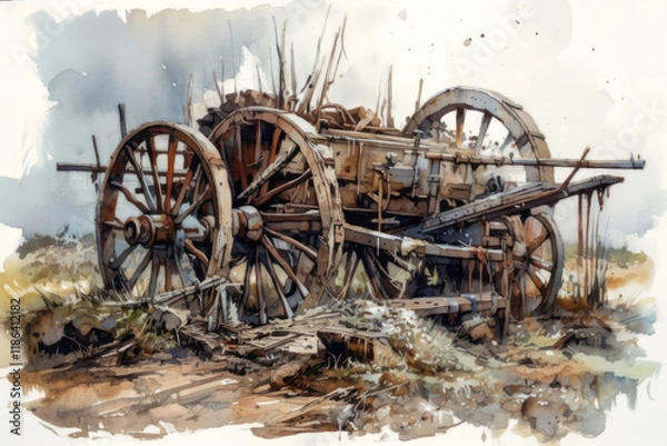 Fototapeta old, abandoned cart with wooden wheels, covered with rust and time. 