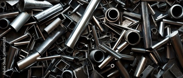 Fototapeta Pile of assorted metal pipes, tubes and industrial steel parts scattered randomly creating textured metallic background. Generative AI