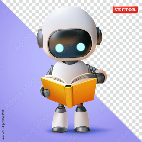 Fototapeta Robot reading a book, 3d vector. Suitable for technology, learning and design elements
