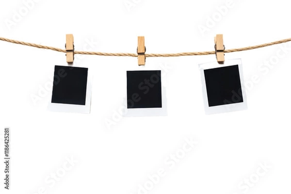 Fototapeta Three Polaroid photo frames hanging on a rope, with . Quality photography,  isolated on transparent png or white background