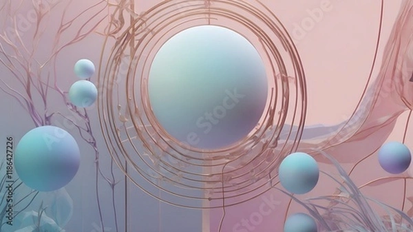 Obraz A surreal abstract design blending geometric patterns with soft, ethereal light. Use a palette of pastel gradients, including soft pinks, blues, and lavenders, with subtle transparency effects.