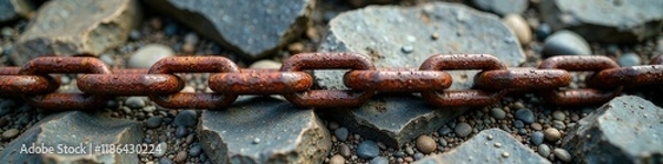 Fototapeta Skein of rusty chain laid out on a rocky terrain, chain, rocky terrain, uneven