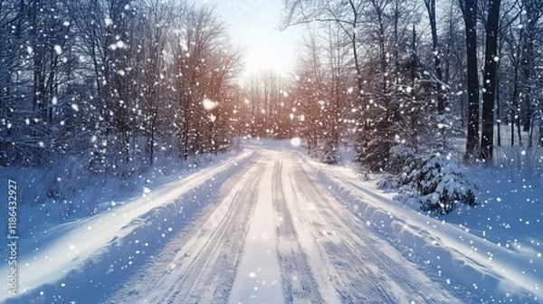 Fototapeta Snow gently falling on an empty road winding through a serene winter forest at sunset creates a picturesque and tranquil landscape, inviting moments of peace and solitude