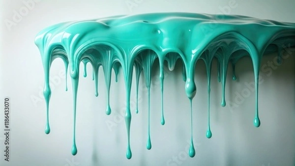 Fototapeta A glob of dripping slime cascades down a smooth white surface, leaving a trail of vibrant aqua liquid behind it, pure white background, gloopy mess