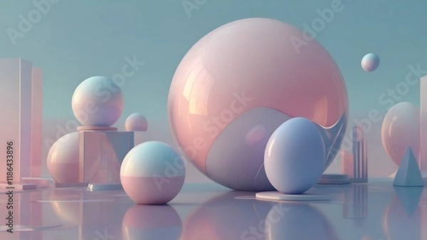 Obraz A surreal abstract design blending geometric patterns with soft, ethereal light. Use a palette of pastel gradients, including soft pinks, blues, and lavenders, with subtle transparency effects.