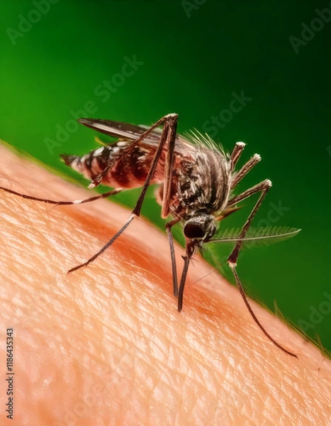 Obraz Aedes albopictus, aedes aegypti mosquito, virus zika, dengue, Chikungunya, Mayaro, Yellow fever on human skin 