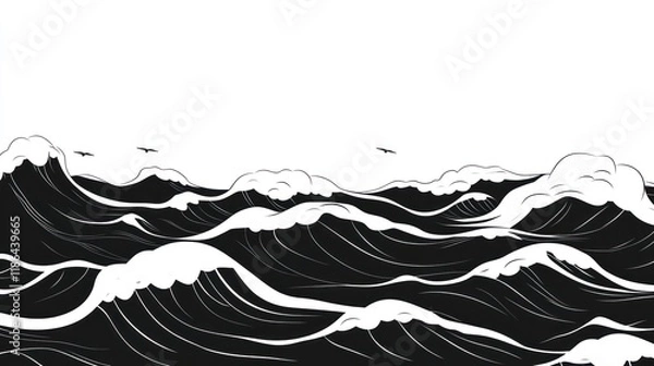 Obraz Monochrome illustration of ocean waves with birds.