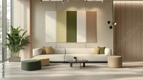 Fototapeta Modern living room, sectional sofa, neutral decor, sunlight, city view, interior design