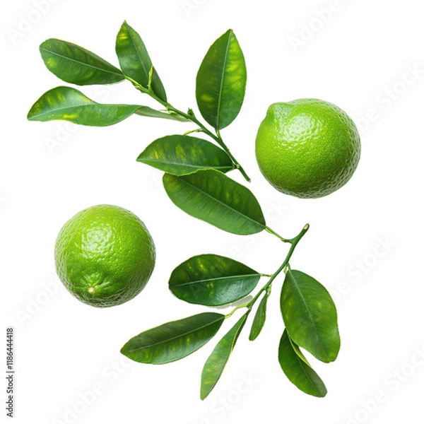 Fototapeta A few green limes with leaves and branches, top view, isolated on transparent png or white background