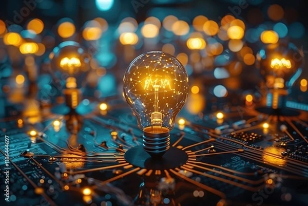 Obraz A network of connected light bulbs, illustrating collaborative thinking and idea sharing 