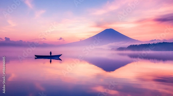 Obraz Serene sunrise view of a lone fisherman on a boat with Mount Fuji in the background