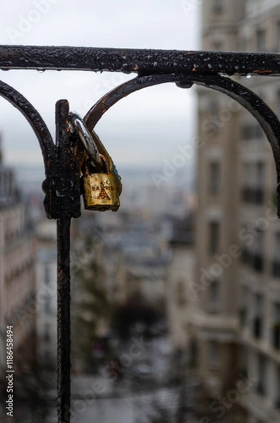 Fototapeta Love lock attached to a railing overlooking Paris. Symbol of love and commitment.