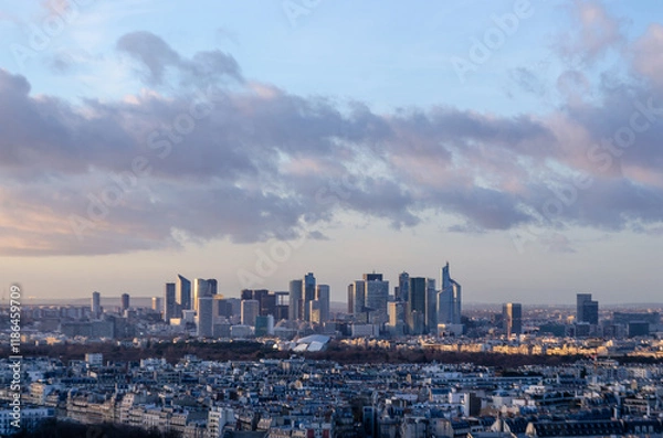 Fototapeta A panoramic view of La Défense business district in Paris, France. The modern skyscrapers and the city skyline are visible against a cloudy sky during a sunset