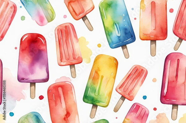 Fototapeta Watercolor pattern of multi-colored popsicle ice creams on a white background. fruit ice