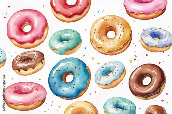 Fototapeta Watercolor pattern of multi-colored donuts with sprinkles on a white background