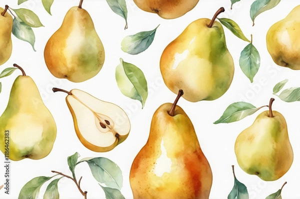 Fototapeta Watercolor pattern with ripe pears on a white background
