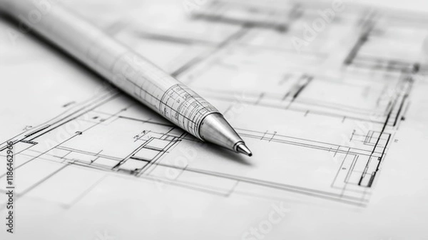 Fototapeta Precision engineering, pen on blueprint for architectural design and construction planning