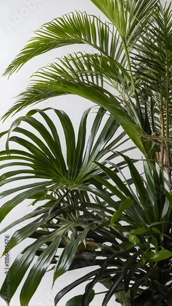 Fototapeta ush green tropical plants against a plain white background, are ideal for tropical-themed designs, nature posters, or botanical-themed graphics. Tropical foliage on a white backdrop