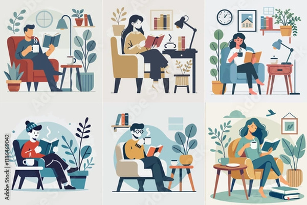 Fototapeta One enjoys a cup of coffee or tea while reading a book in a comfortable, minimally furnished chair. with a flat and minimalist design