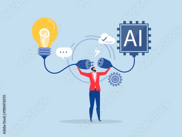Fototapeta businessman connect plug with lightbulb idea to ai Artificial Intelligence. or processing chip into human brain with Light bulb development innovation concept vector