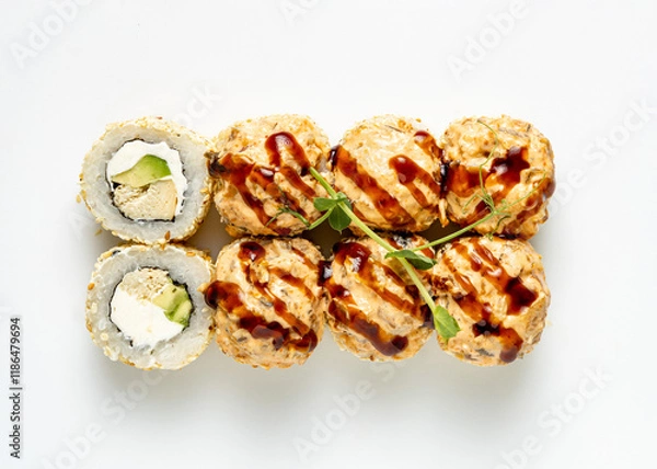 Fototapeta rolls and sushi on a white background
