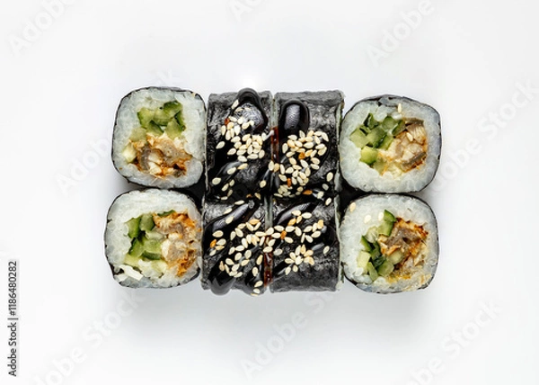 Fototapeta rolls and sushi on a white background