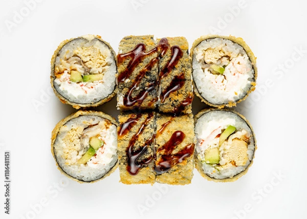 Fototapeta rolls and sushi on a white background