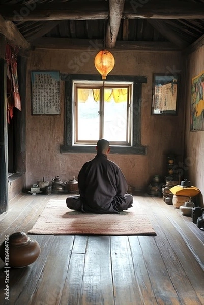 Fototapeta Minimalist monk lifestyle shown through simple living quarters and meditative activities, Ascetic, Sacred Simplicity