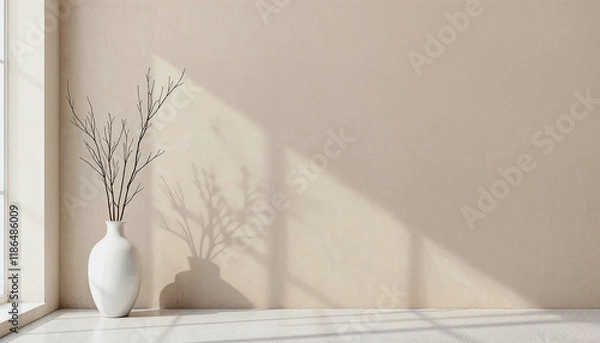 Obraz 3D rendering of the interior background of a room including a stucco wall and a vase with branches
