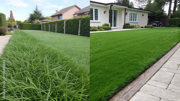 Obraz Side-by-side comparison of natural and synthetic lawns.