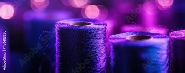 Fototapeta purple, thread, sewing, textile, close up, crafting, artistry, creative, soft focus, blue, spools, materials, vibrant colors, blurred background This image features various spools of purple