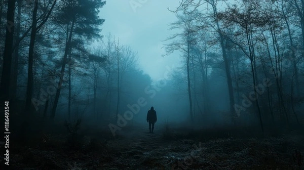 Fototapeta Into the Mist: A solitary figure walks into the depths of a dense, mist-shrouded forest, shrouded in mystery and a sense of eerie solitude, the dense fog enveloping everything in an ethereal.