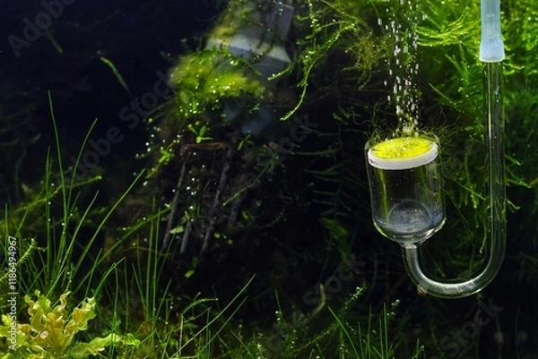 Fototapeta Carbon dioxide diffuser on glass wall, water oxygenation from external balloon, CO2 atomizer, ceramic membrane, moss planted aquascape pro care, lush aquatic vegetation, shallow dof blur background