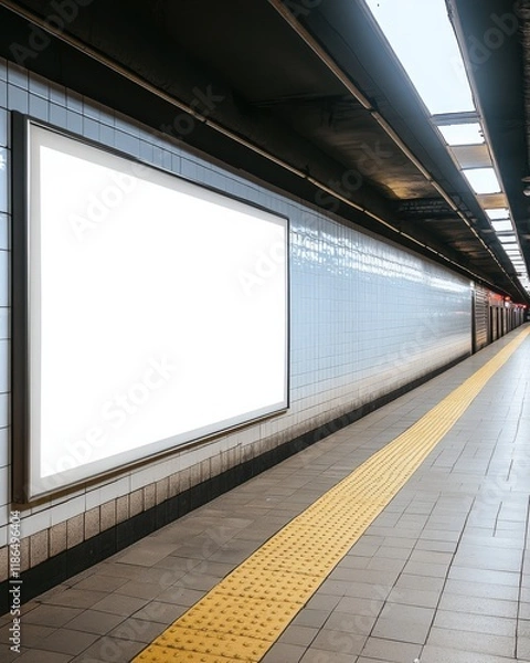 Fototapeta Empty subway station platform featuring a blank advertising space with yellow safety line in an underground location during daylight hours