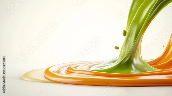 Fototapeta Close-up of green and orange liquids pouring and flowing, creating abstract swirls and splashes against a white background.