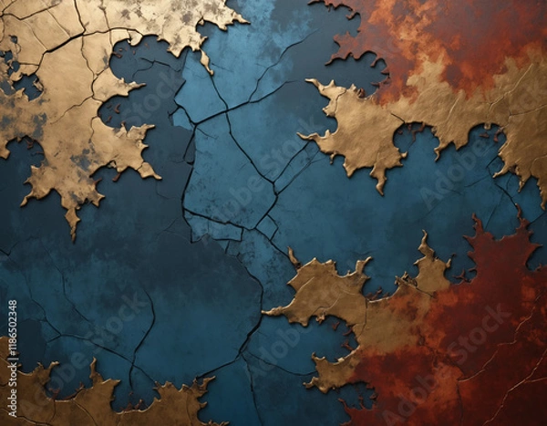 Fototapeta An abstract background with a textured, cracked surface resembling aged metal, primarily featuring a deep rust-red color 