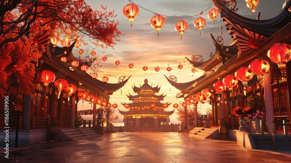 Obraz Chinese New Year festival, vibrant festival with red and gold lanterns, traditional Chinese architecture, celebratory atmosphere, detailed design elements