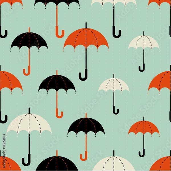 Fototapeta Seamless texture. Autumn. Depicts the umbrellas of the different  size .Umbrella in three colors : black, red and beige .Umbrellas in the rain. Umbrellas on a blue background.
