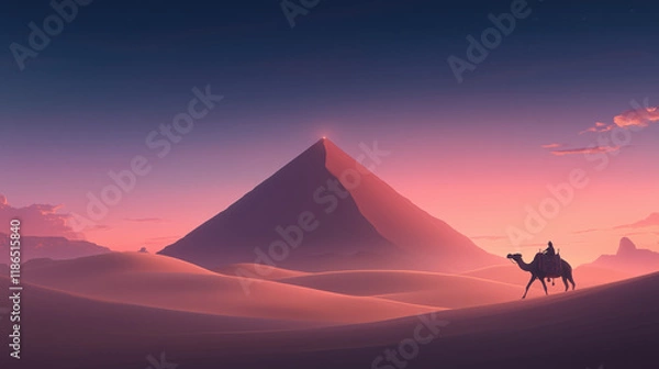 Obraz A panoramic desert landscape with a camel walking near a single dune, minimalist and warm.