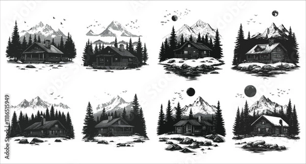 Fototapeta Winter mountain cabin with pine trees vector art. Forested mountain with a cozy house and pine trees. Snowy mountain cabin with pine trees vector. Mountain cabin with pine tree forest vector art