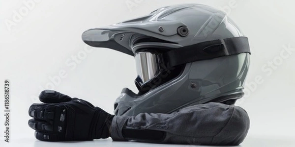 Obraz A close-up of a motorcycle helmet and gloves on a white background
