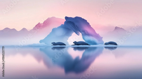 Obraz A quiet Arctic scene with a group of seals resting on ice under a soft pastel sky.