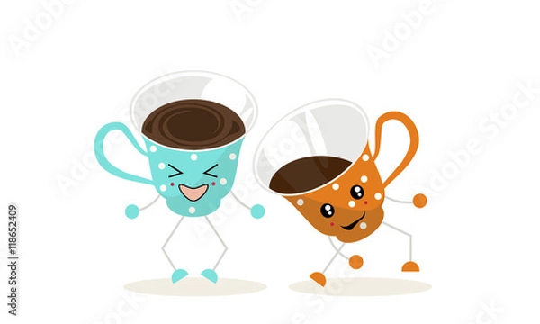 Fototapeta The illustration.One cup of blue color with white polka dots and one cup of orange color with white polka dots dance and laugh.