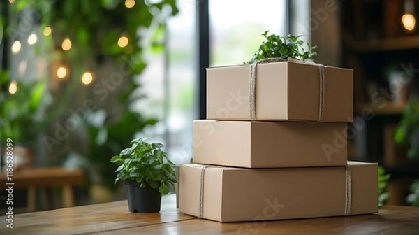 Fototapeta Stacked brown cardboard boxes occupy wooden table with blurred modern office and window light behind, creating minimalist delivery-themed composition with plant silhouettes.