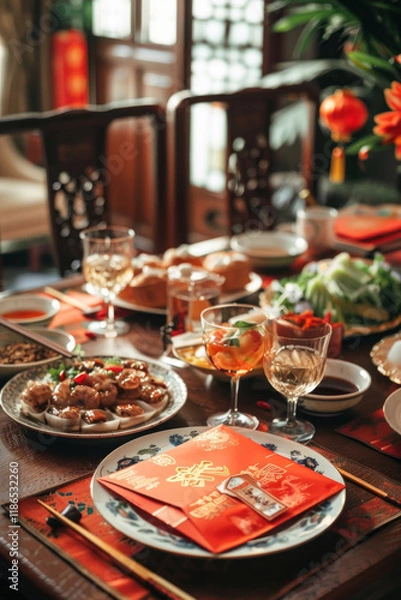 Fototapeta Chinese New Year red envelope, serene family dinner setting, traditional dishes on the table, warm lighting, harmonious atmosphere