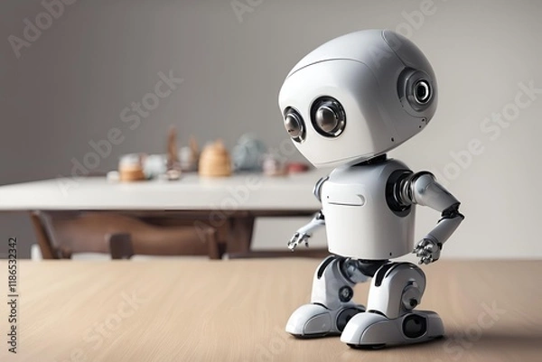 Fototapeta Cute small robot sit on table, empty background.