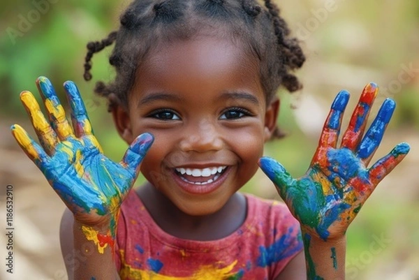 Fototapeta Young girl showing painted hands and smiling at the camera